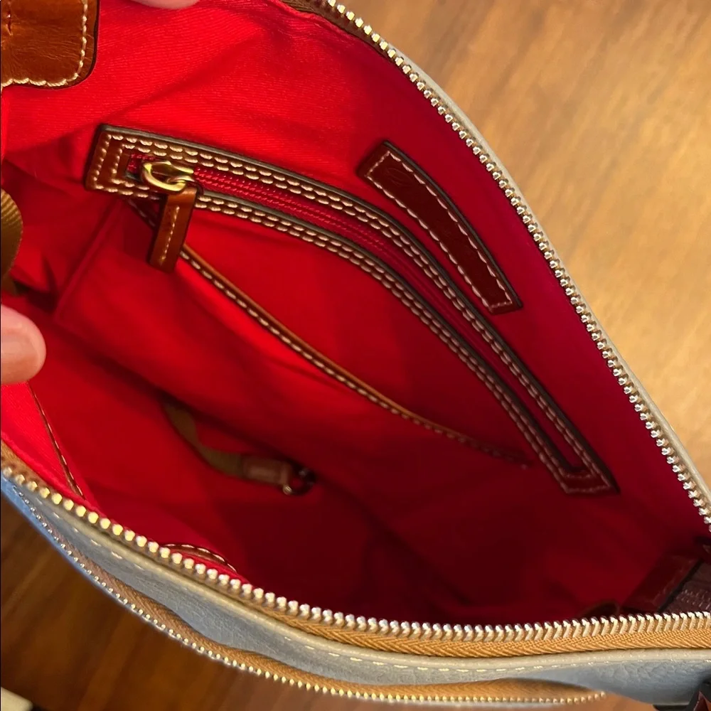 Dooney & Bourke Light Gray/Taupe Pebble Leather Crossbody Bag with Tan Trim - Picture 7 of 10